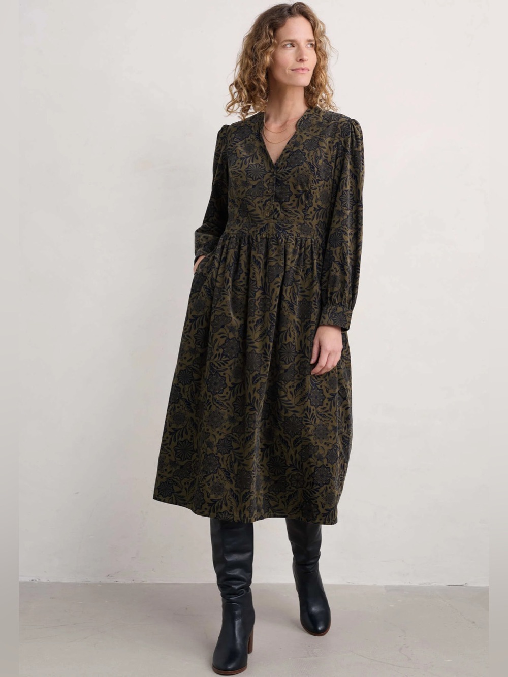 Seasalt Cornwall Organic Cotton Rose Cottage Corduroy Midi Tea Dress Green Black